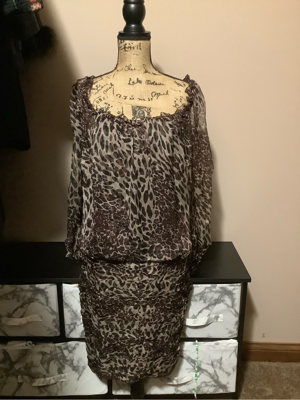 Leopard Print Mini Dress - Brown Sheer Long Sleeve